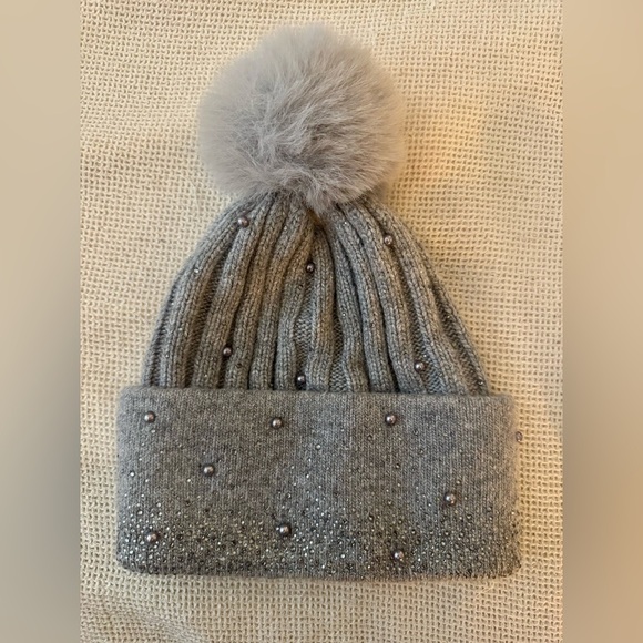 White House Black Market Accessories - White House Black Market Gray Knit Hat with Rhinestones & Pom Pom